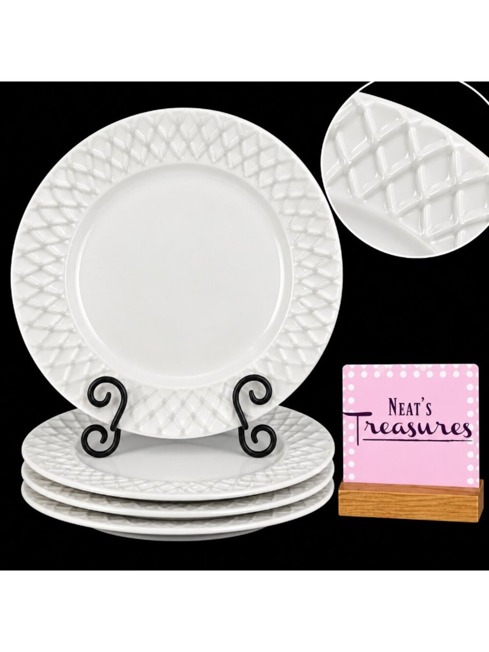 Gibson ANTIQUE QUILT White Embossed Rim Stoneware 10 5/8" Dinner Plates Set of 4